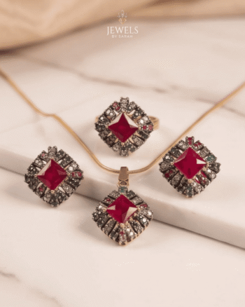 22k Gold Polish Antique Square Stone Pendant Set with Earrings & Ring | Purple & Ruby with Multicolor