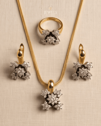 22k Gold Plated AD Flower Pendant Set with Earrings & Ring, Diamond Cut Style