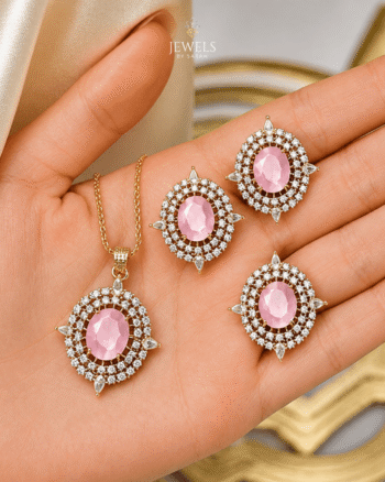 Pink AD Stone Jadau Pendant Set - 22k Gold Polish