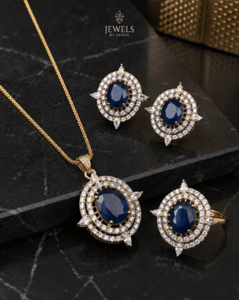 Blue AD Stone Jadau Pendant Set - 22k Gold Polish