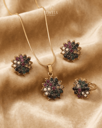 Rangmahal Multi Gemstone Floral Set – 22K Gold Polish