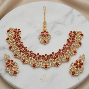 Gold Ruby Leaf Necklace Set