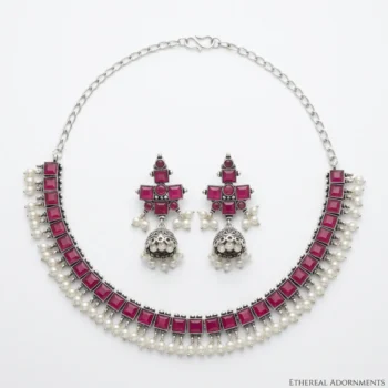 Pink Silver Oxidized Necklace Set