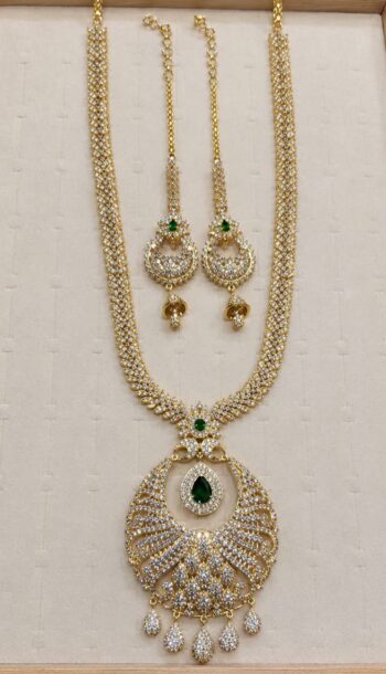 Royal Emerald & Zircon Bridal Haram Necklace Set with Jhumkas