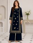 Navy Blue Velvet Embroidered
