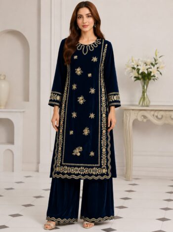 Navy Blue Velvet Embroidered