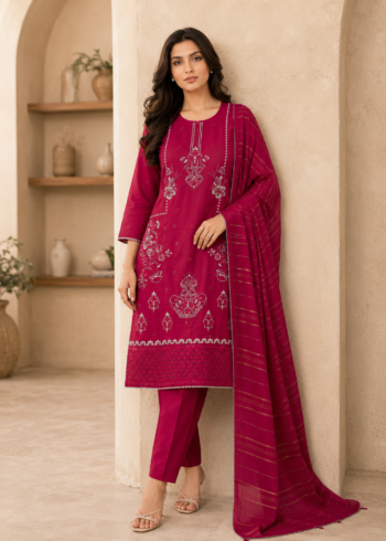 Fuchsia Embroidered Lawn Kurta Set with Zari Dupatta