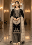 Black Luxe Embroidered Velvet 3-Pc Set with Net Dupatta & Jamawar Shalwar