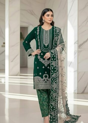 Classic Dark Green Velvet Embroidered Ensemble