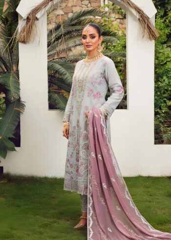 Luxury Pastel Grey Organza Embroidered 3 PC